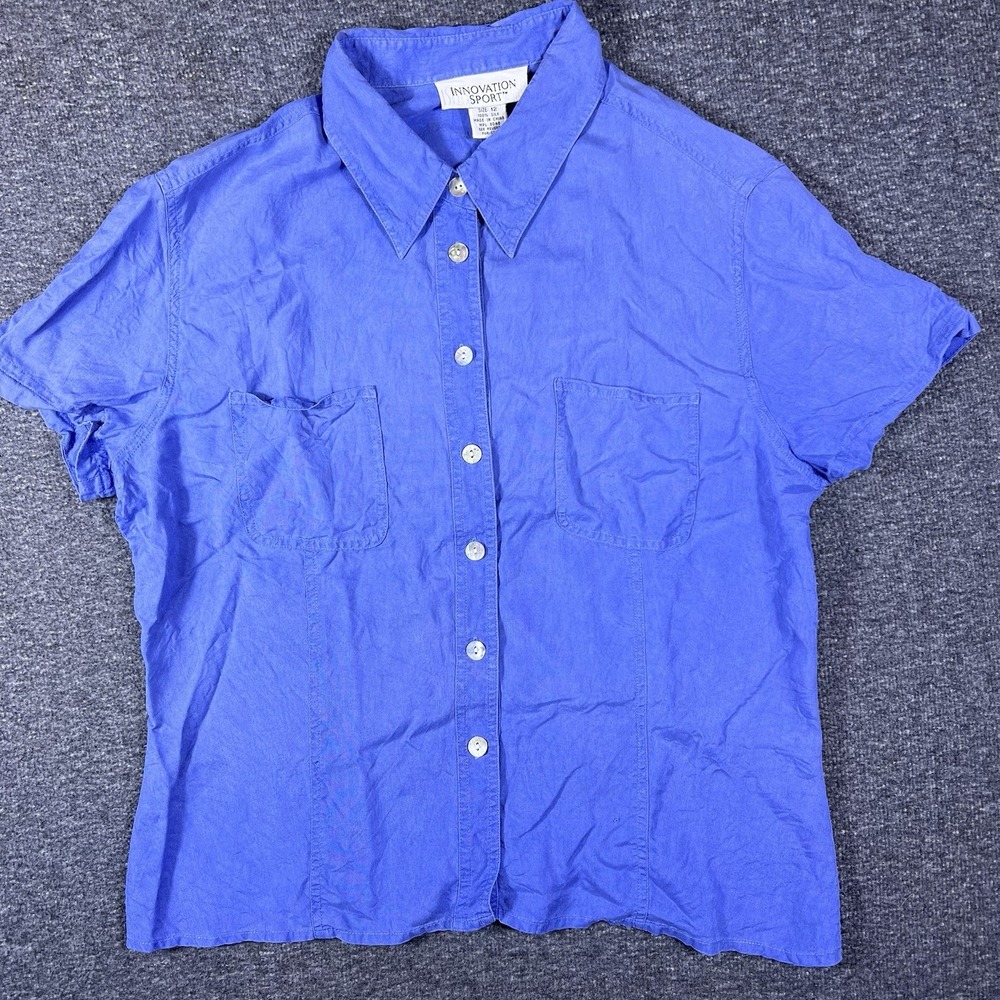 Innovation Sport Silk Shirt Womens 12 Blue Classic Casual Short Sleeve Button Up